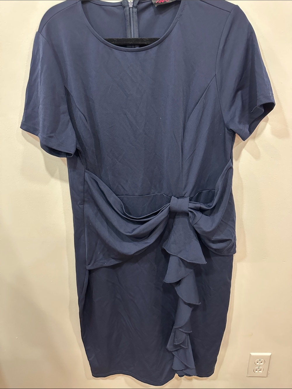 Women's Navy Short Sleeve Dress with Front Ruffle Detail